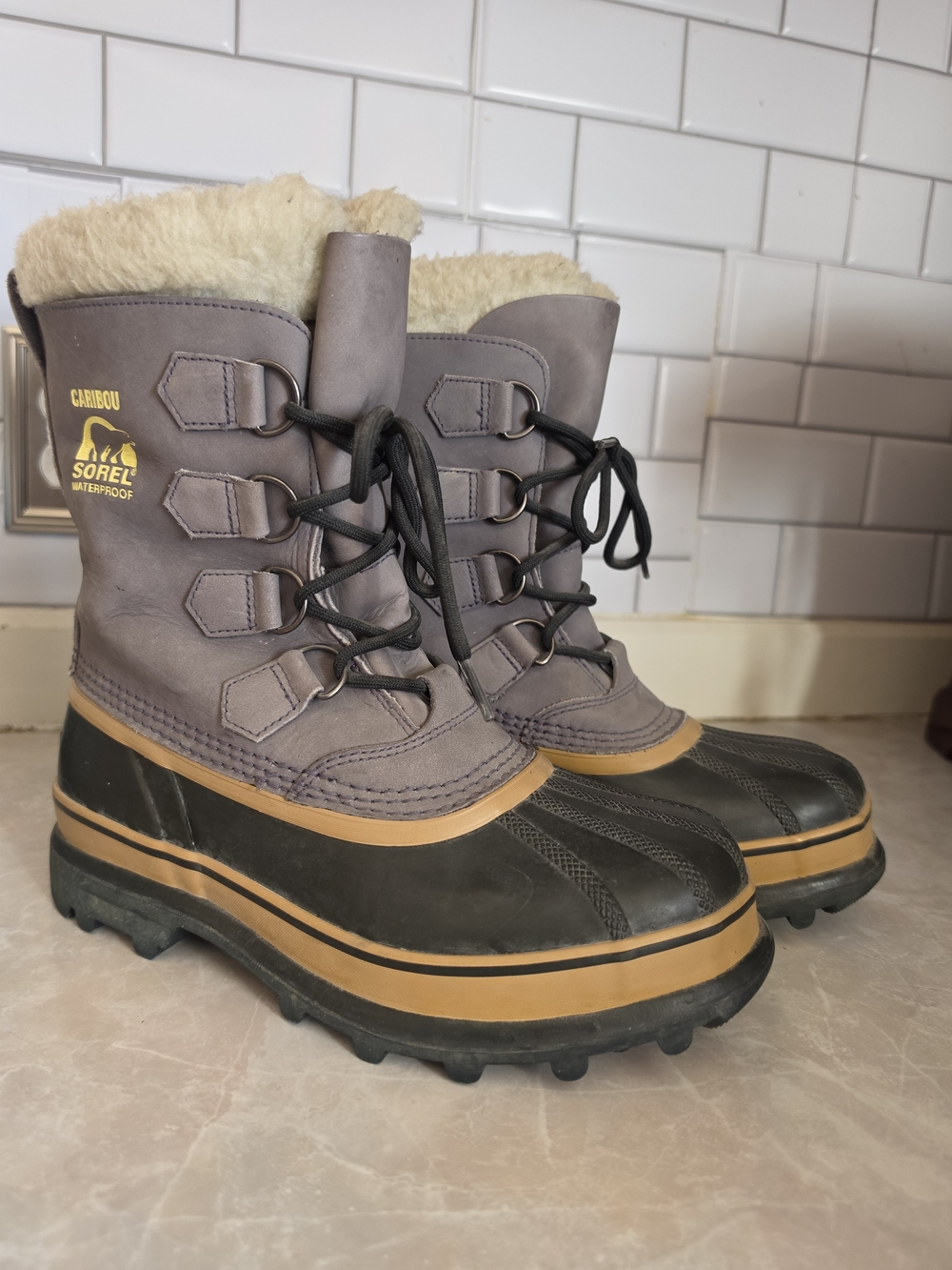 Sorel Caribou Winter Boots in Gray, Black and Tan